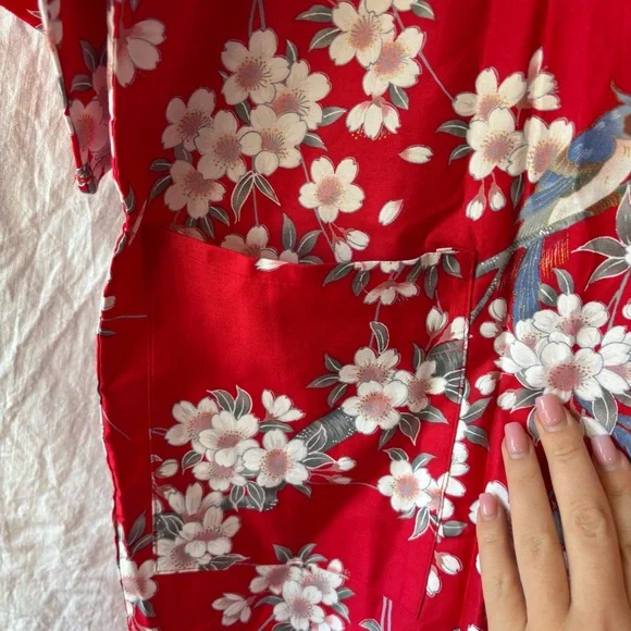 NWOT Vintage 100% Cotton Red Floral Japanese Kimono Robe - Picture 5 of 6